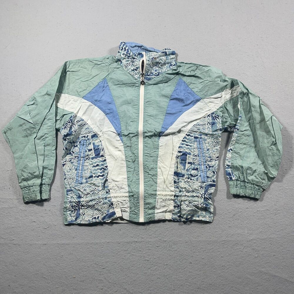 Vintage Windbreaker Jacket Women Medium Outerwear 90s Blue Green‎ Nylon